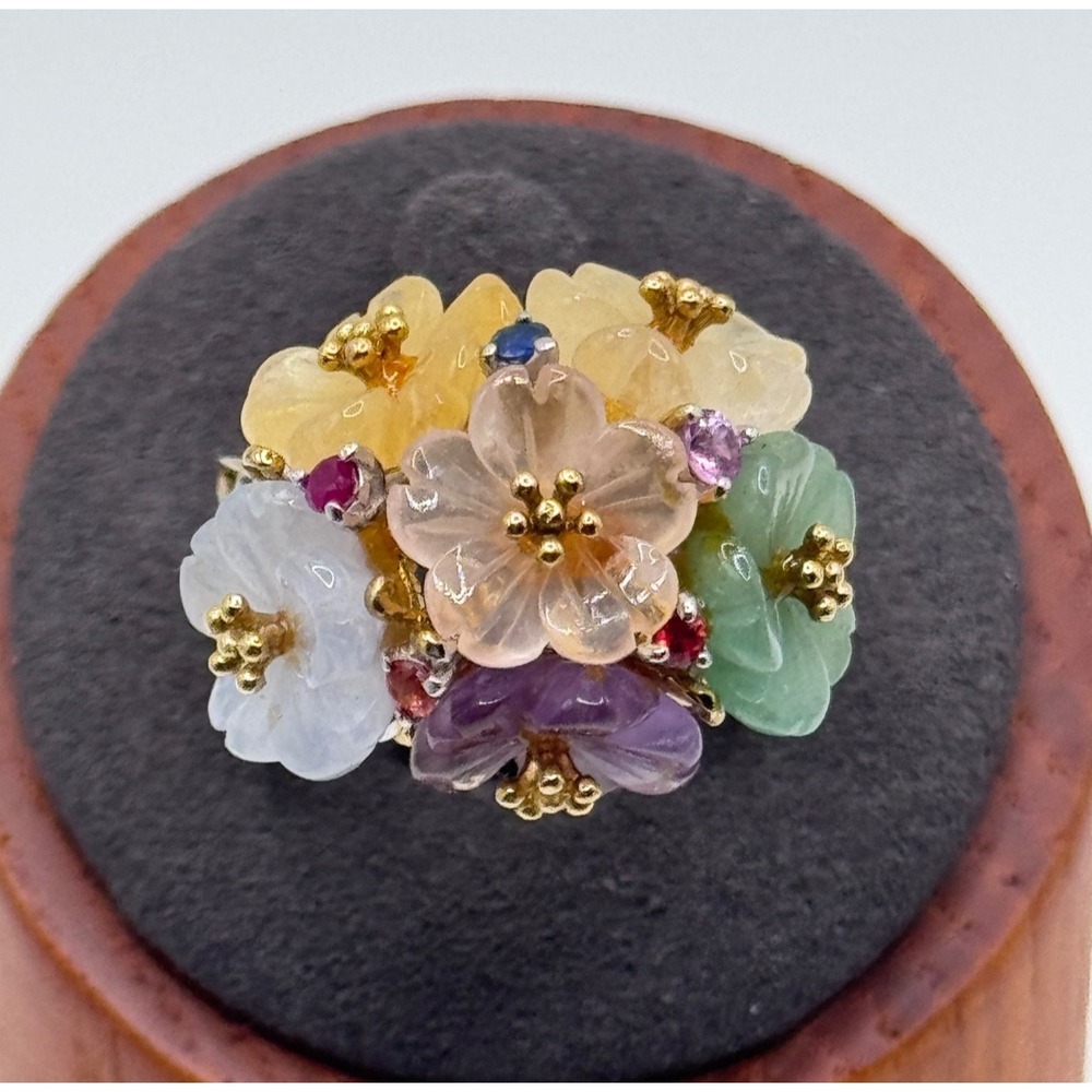 Michael Valitutti Sterling Silver Carved Multi Gemstone Flower Ring Size 7